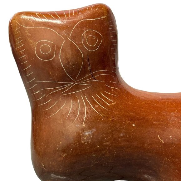 Vintage Mexican Folk Art Brown Clay Pottery Etched Tonala Cat Figurine - Picture 2 of 10